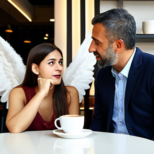 **

Prompt: An angel investor attentively listening to a passionate entrepreneur pitching their startup idea over Turkish coffee in a modern cafe, showcasing the importance of assessing the entrepreneur's dedication. Focus on the investor's empathetic expression and the entrepreneur's enthusiastic gestures.

**